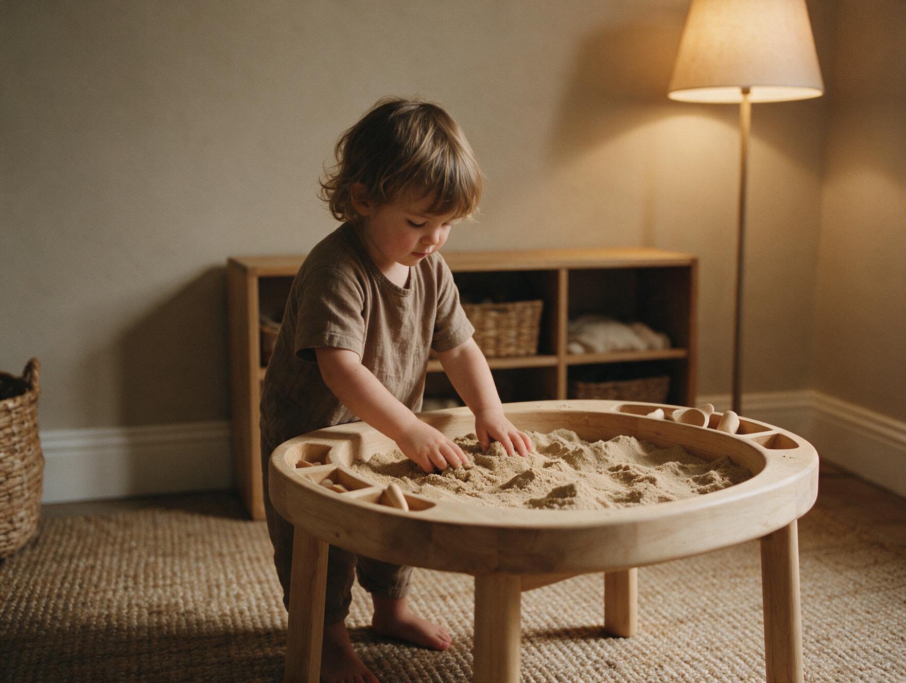 Kind spielt an einem kleinen Sandtisch